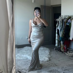 Club L London Champaign gold maxi cowl neck dress